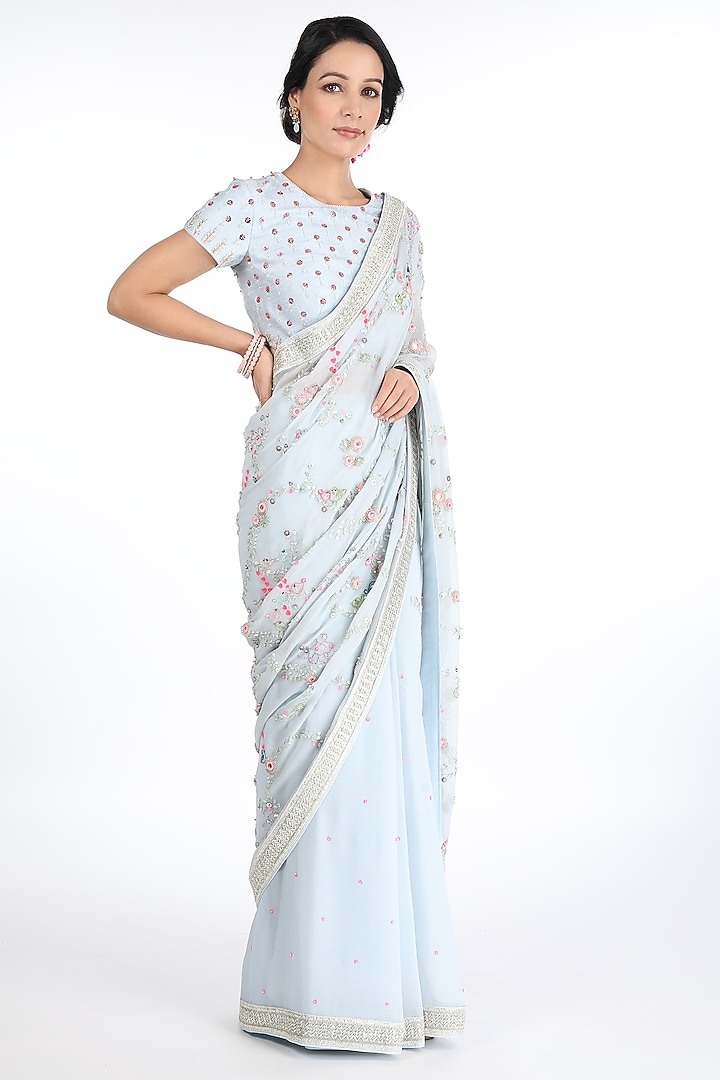 Ice Blue Chiffon Embroidered Wedding Saree Set by Summer by Priyanka Gupta at Pernia's Pop Up Shop
