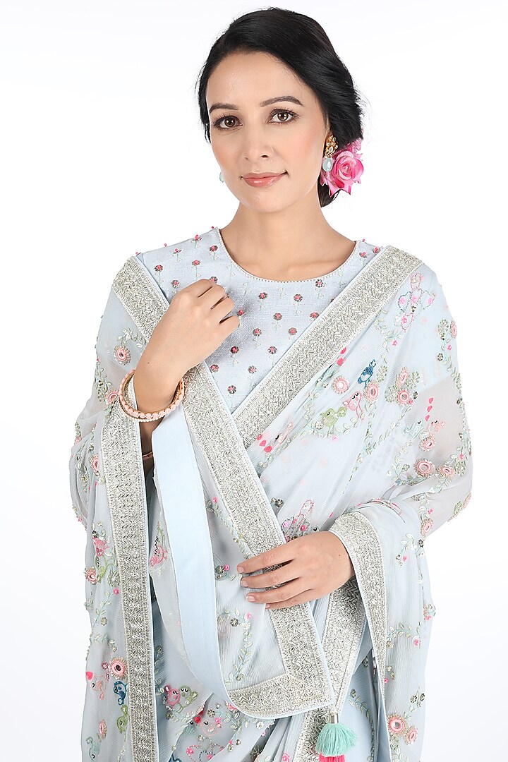 Ice Blue Chiffon Embroidered Wedding Saree Set by Summer by Priyanka Gupta at Pernia's Pop Up Shop