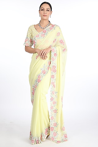 Lemon Yellow Georgette Saree Set by Summer by Priyanka Gupta