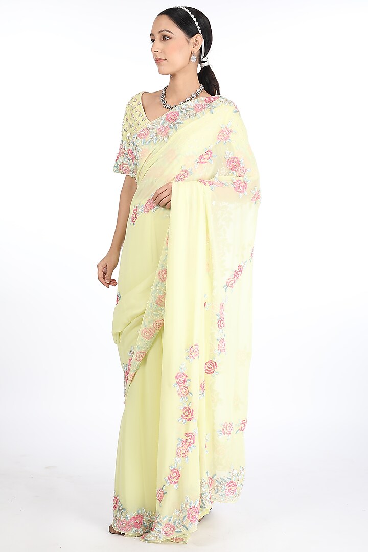 Lemon Yellow Georgette Reception Saree Set by Summer by Priyanka Gupta at Pernia's Pop Up Shop