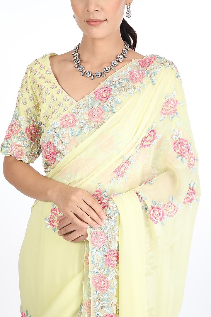 Lemon Yellow Georgette Reception Saree Set by Summer by Priyanka Gupta at Pernia's Pop Up Shop