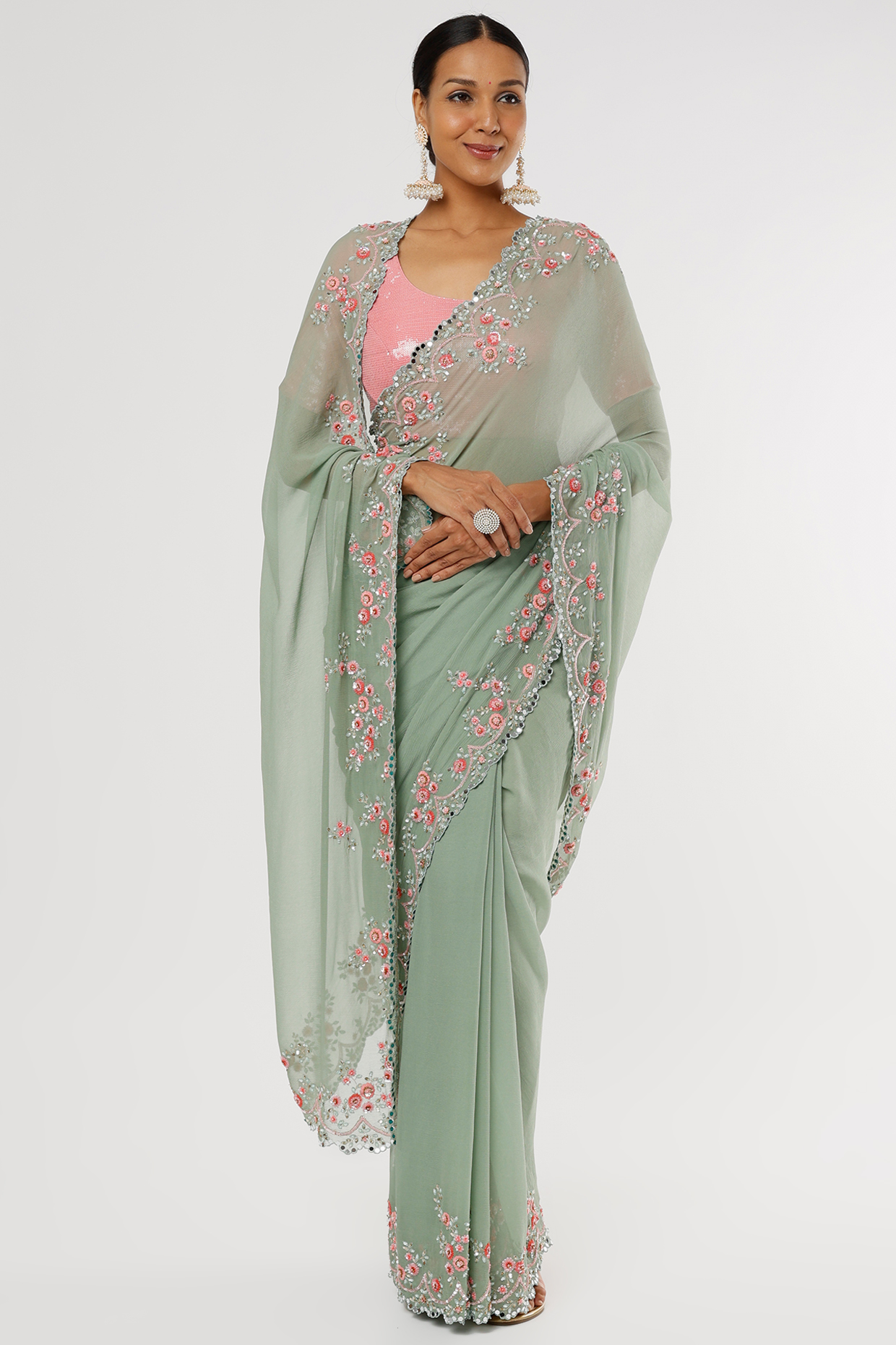 Light Green Embroidered Wedding Saree Set by Summer by Priyanka Gupta at Pernia's Pop Up Shop