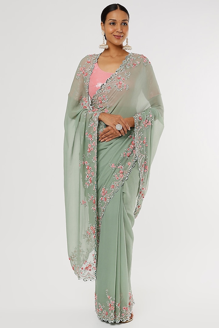 Light Green Embroidered Wedding Saree Set by Summer by Priyanka Gupta at Pernia's Pop Up Shop