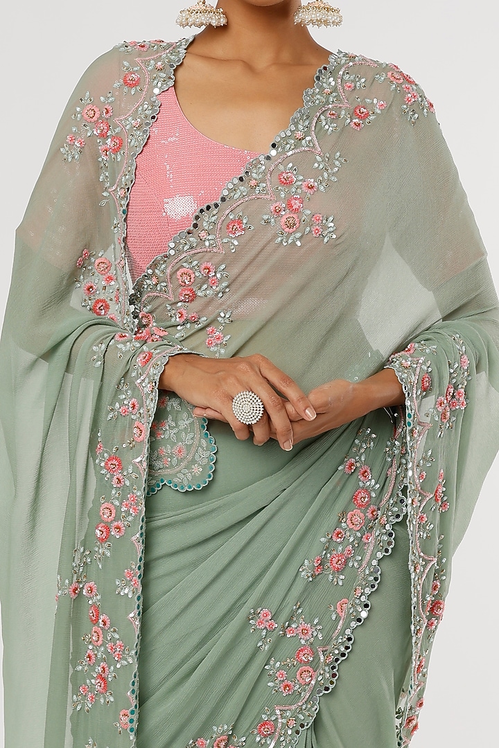 Light Green Embroidered Wedding Saree Set by Summer by Priyanka Gupta at Pernia's Pop Up Shop
