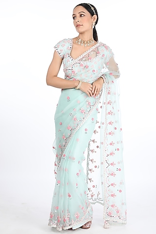 Teal Organza Saree Set by Summer by Priyanka Gupta
