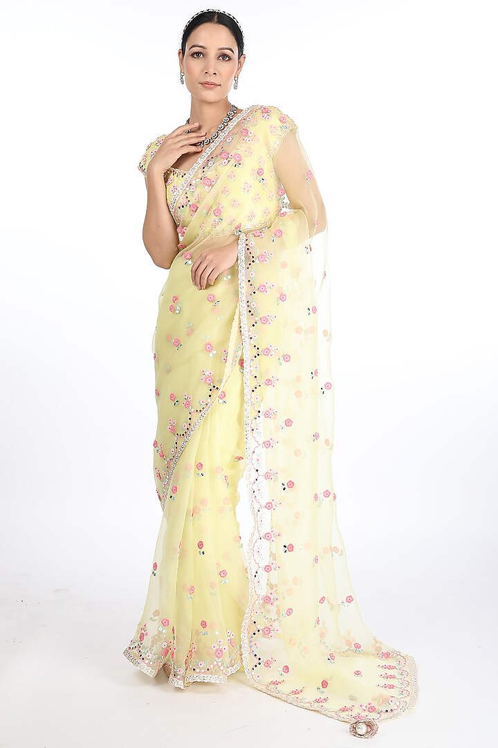 Lemon Yellow Floral Embroidered Saree Set by Summer by Priyanka Gupta
