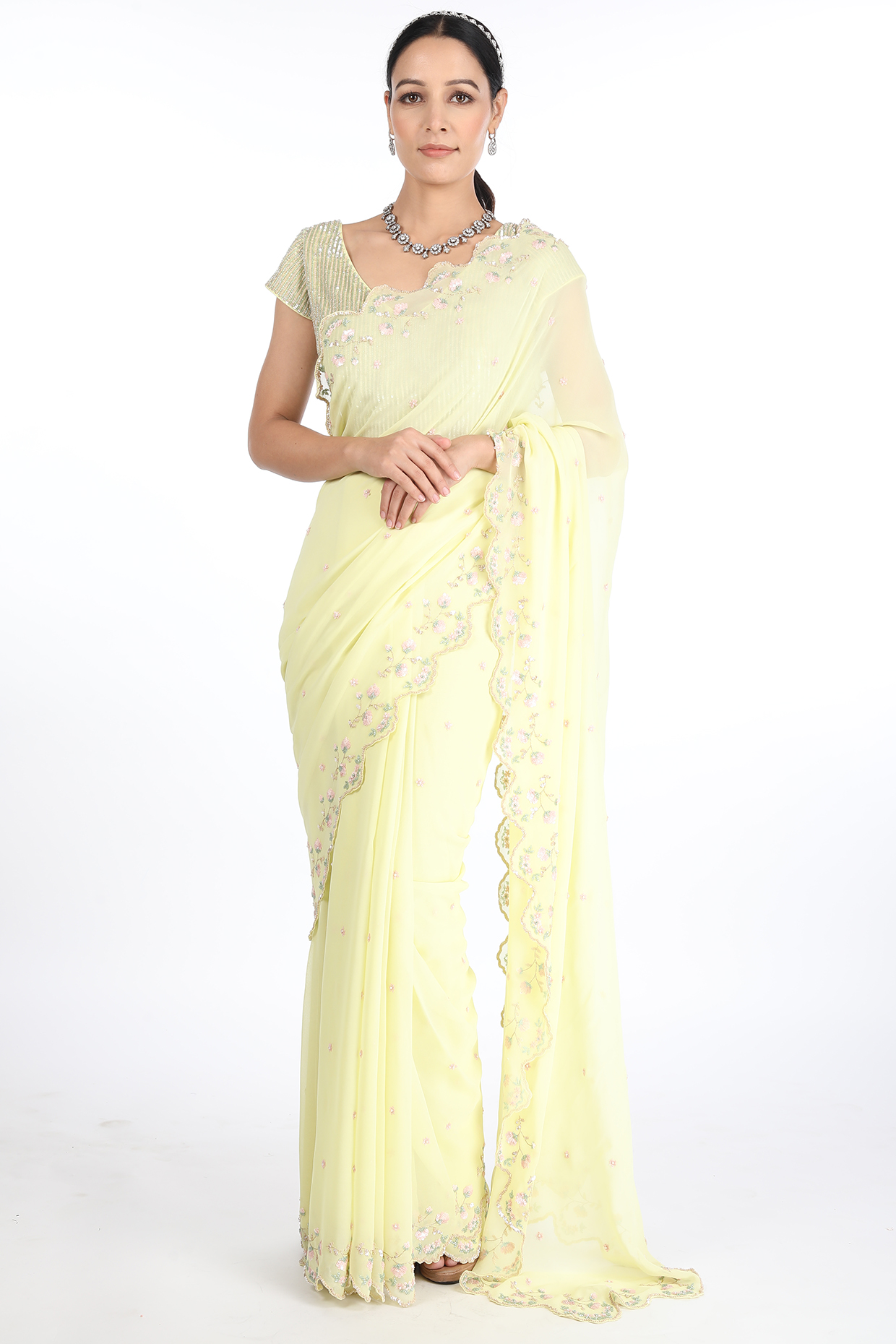 Lemon Yellow Bemberg Georgette Wedding Saree Set by Summer by Priyanka Gupta at Pernia's Pop Up Shop