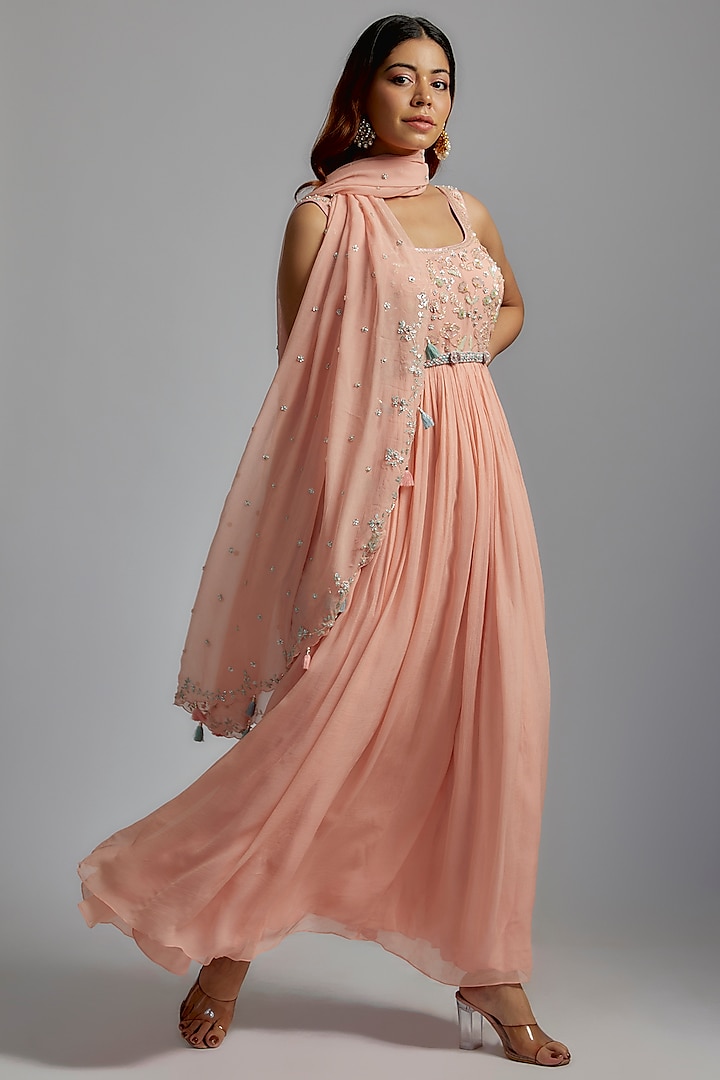 Peach Georgette Embroidered Wedding Anarkali Set by Summer by Priyanka Gupta at Pernia's Pop Up Shop