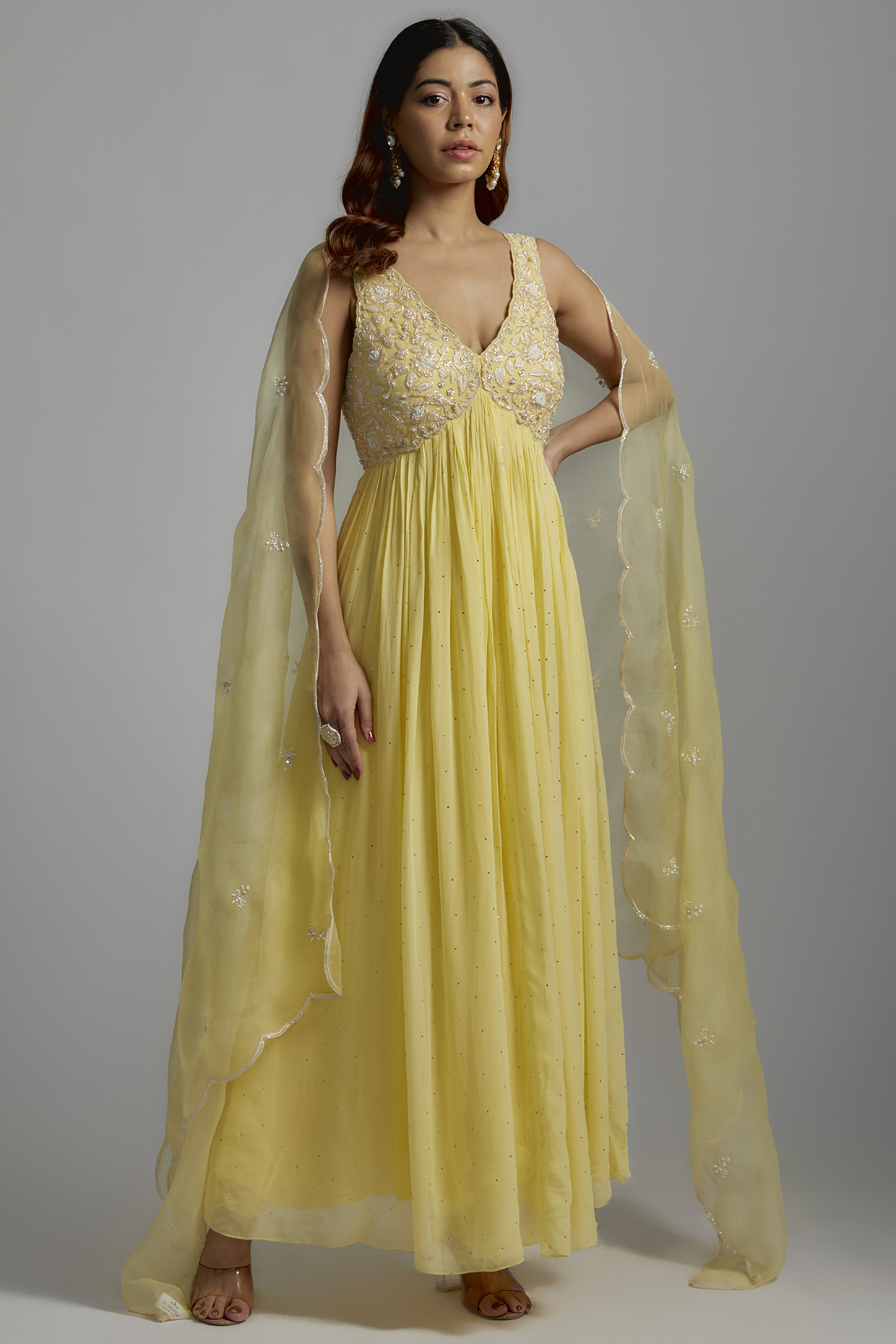 Yellow Georgette Embroidered Anarkali Set by Summer by Priyanka Gupta