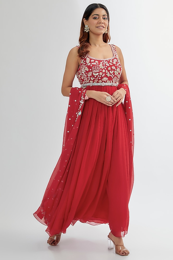 Red Chiffon Embroidered Anarkali Set by Summer by Priyanka Gupta at Pernia's Pop Up Shop