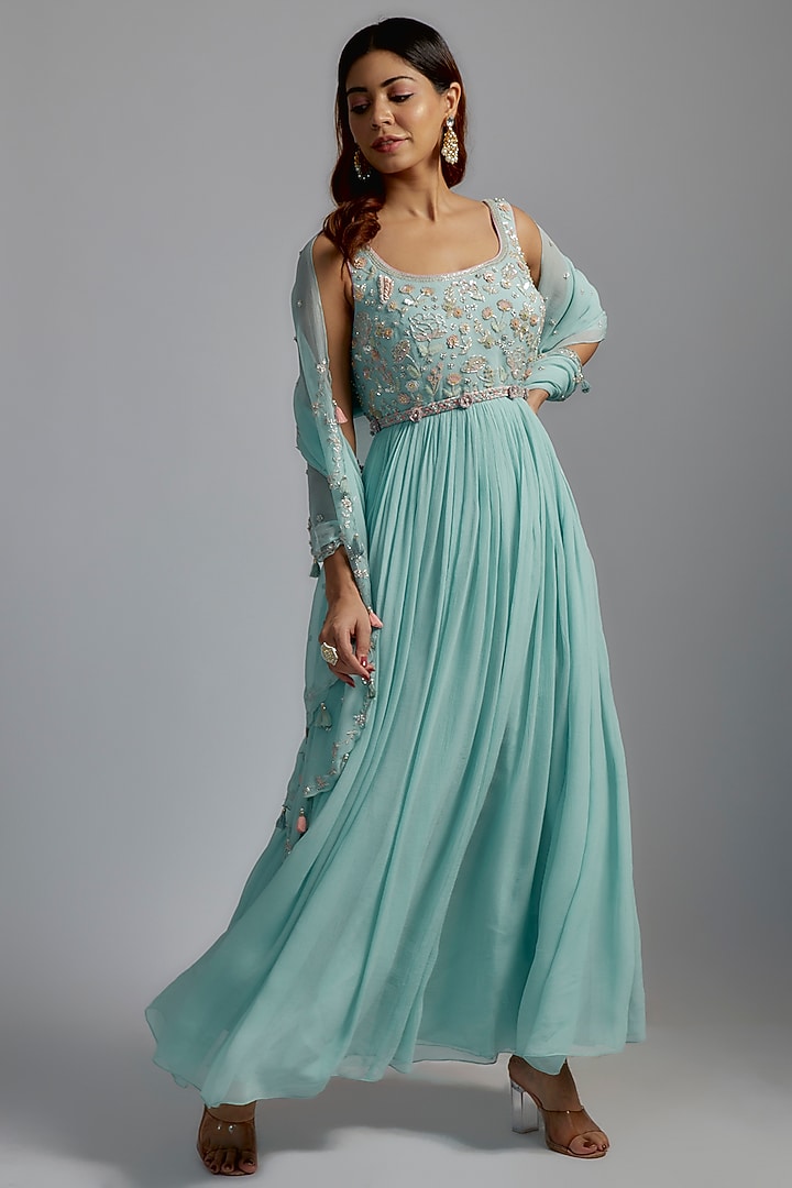 Citrus Blue Embroidered Wedding Anarkali Set by Summer by Priyanka Gupta at Pernia's Pop Up Shop