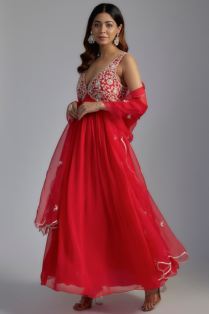 Red Georgette Embroidered Anarkali Set by Summer by Priyanka Gupta