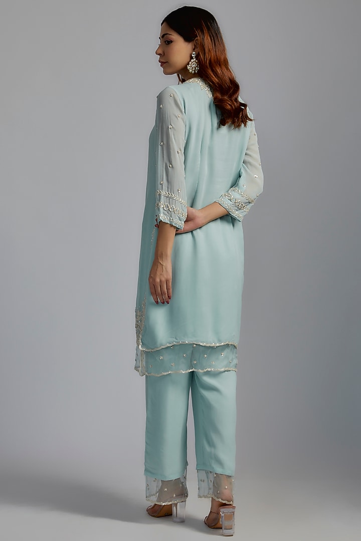 Blue Georgette Tie & Dye and Embroidered A-line Flared Kurta