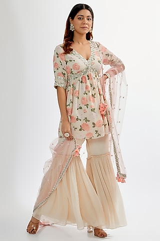 Beige Georgette Gharara Set by Summer by Priyanka Gupta
