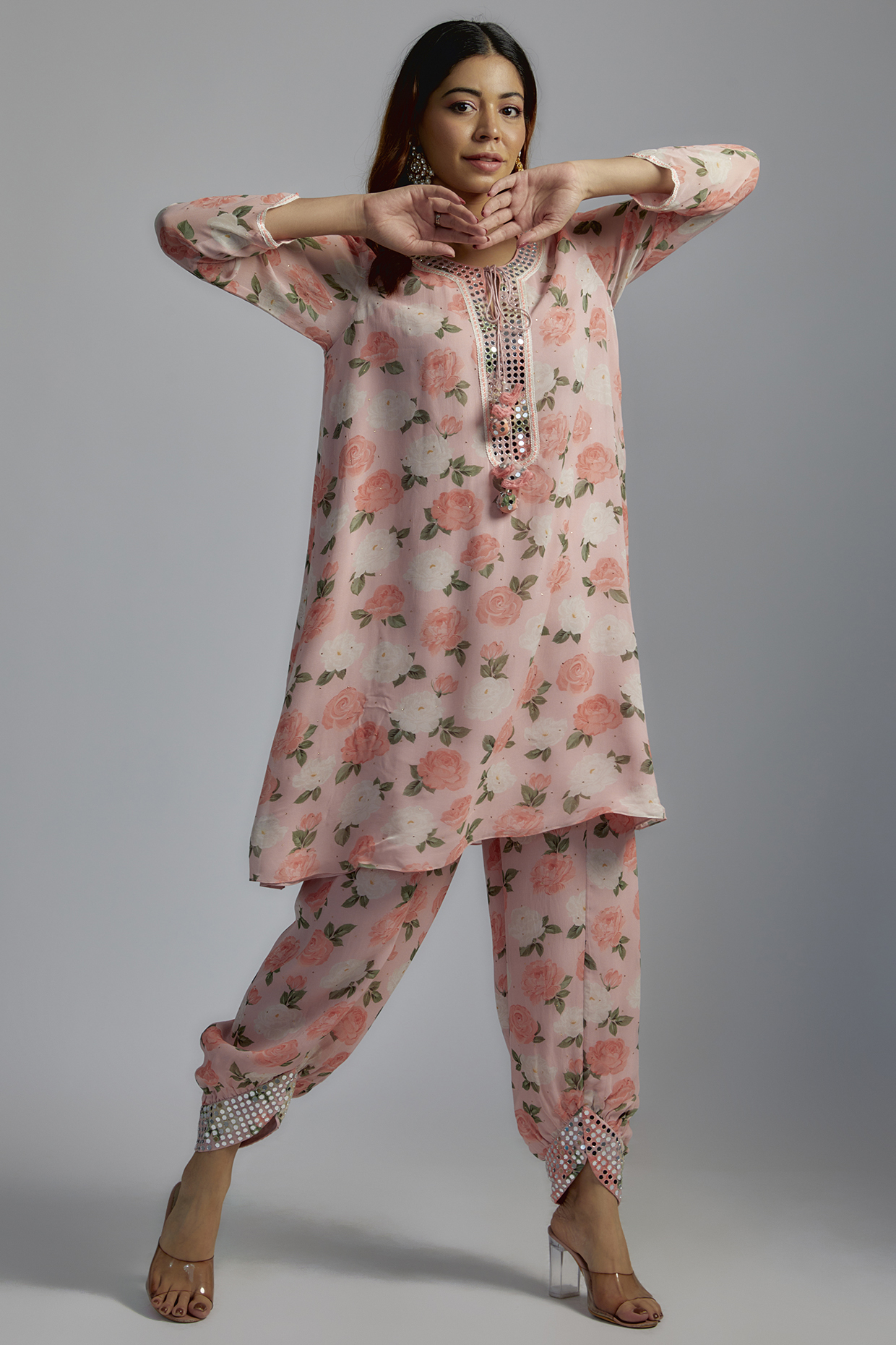 Pink Georgette Embroidered & Printed Tunic Set by Summer by Priyanka Gupta at Pernia's Pop Up Shop