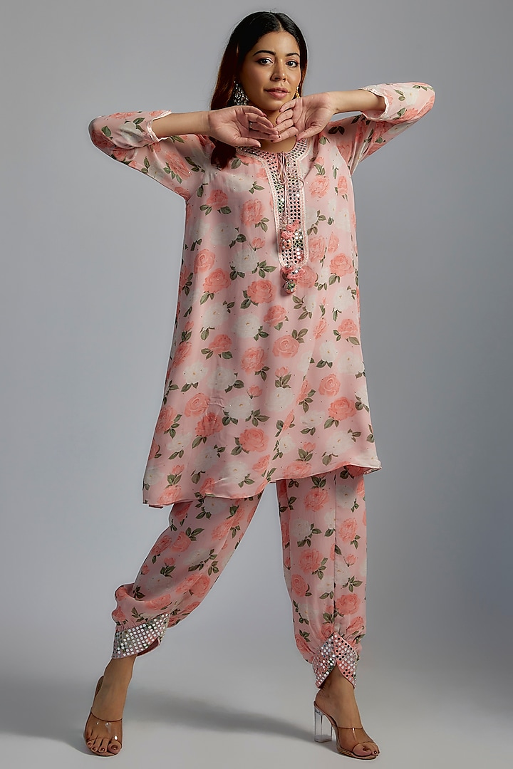Pink Georgette Embroidered & Printed Tunic Set by Summer by Priyanka Gupta at Pernia's Pop Up Shop