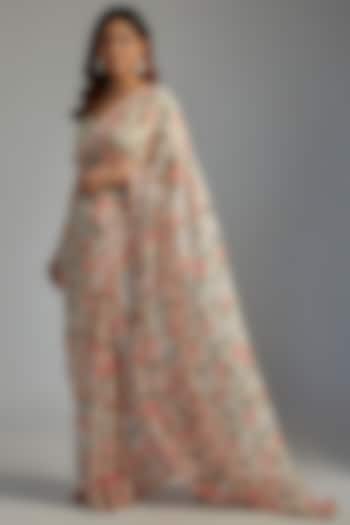 Beige Georgette Embroidered Saree Set by Summer by Priyanka Gupta