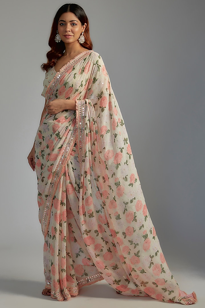 Beige Georgette Embroidered Saree Set by Summer by Priyanka Gupta