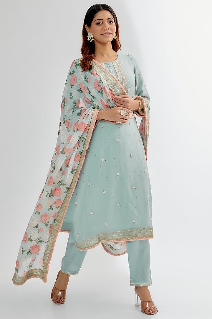 Blue Georgette Embroidered Kurta Set by Summer by Priyanka Gupta at Pernia's Pop Up Shop