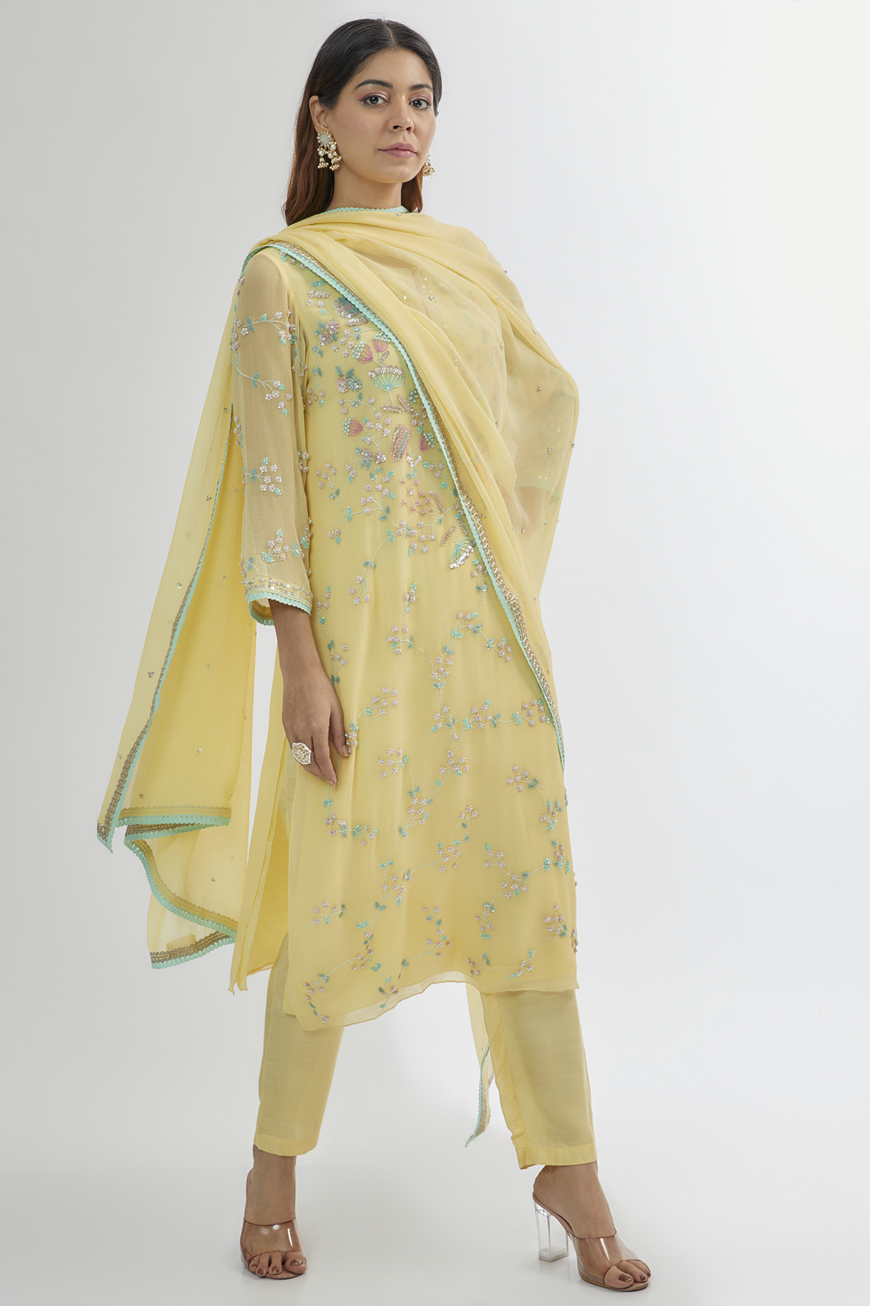 Yellow Chiffon Embroidered Kurta Set by Summer by Priyanka Gupta at Pernia's Pop Up Shop