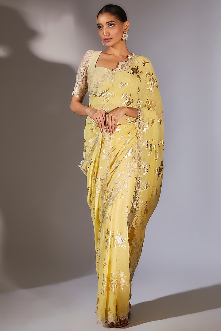 Yellow Georgette Foil Printed Saree Set by Summer by Priyanka Gupta
