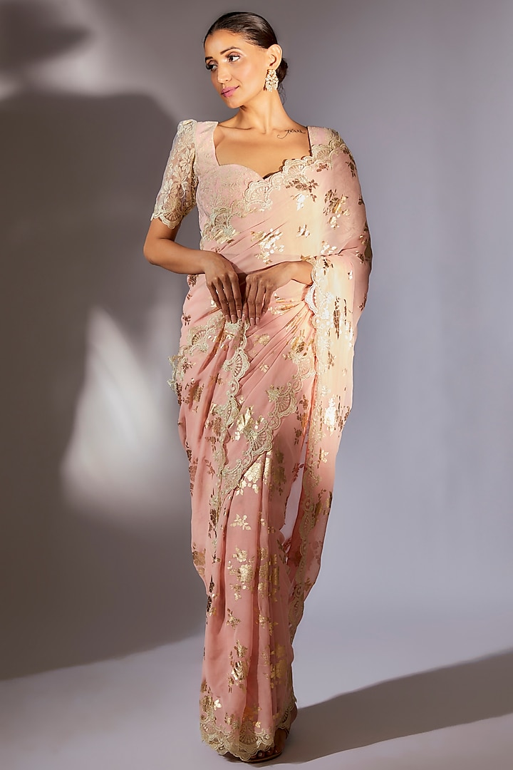 Peach Georgette Foil Printed Saree Set by Summer by Priyanka Gupta
