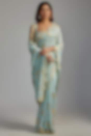 Blue Georgette Foil Printed Saree Set by Summer by Priyanka Gupta