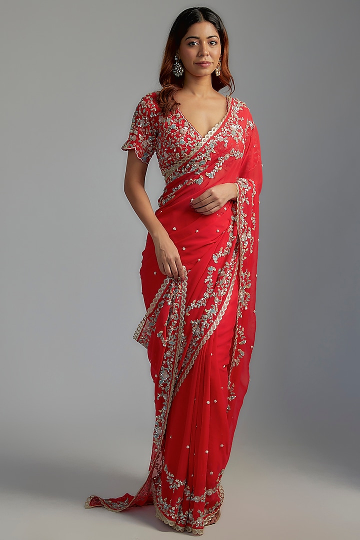 Red Georgette Embellished Saree Set by Summer by Priyanka Gupta at Pernia's Pop Up Shop