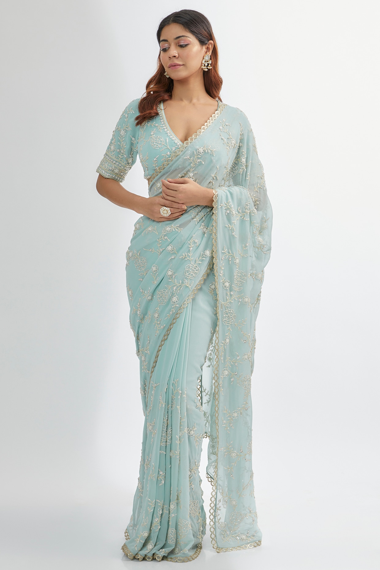 Light Blue Chiffon Crepe Saree with Mirror and Embroidery Work