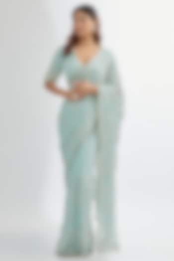 Blue Georgette Embroidered Wedding Saree Set by Summer by Priyanka Gupta at Pernia's Pop Up Shop