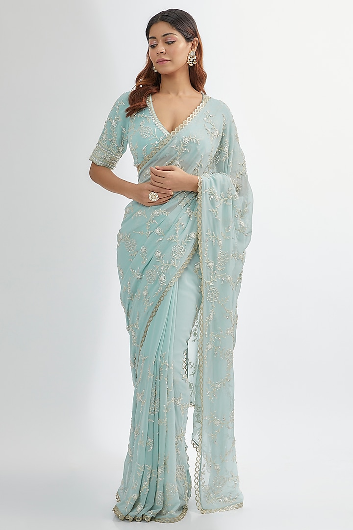 Blue Georgette Embroidered Wedding Saree Set by Summer by Priyanka Gupta at Pernia's Pop Up Shop