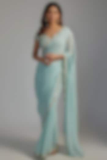 Blue Georgette Embroidered Saree Set by Summer by Priyanka Gupta at Pernia's Pop Up Shop