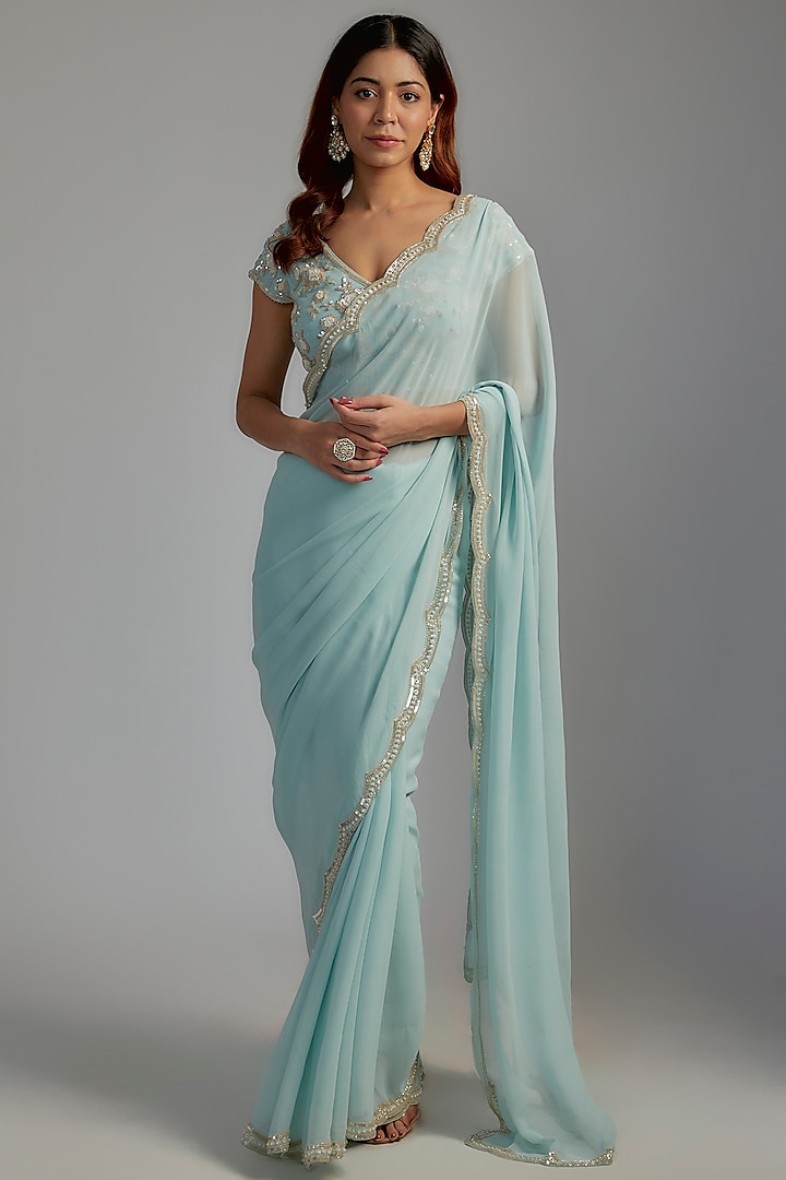 Blue Georgette Embroidered Saree Set by Summer by Priyanka Gupta at Pernia's Pop Up Shop