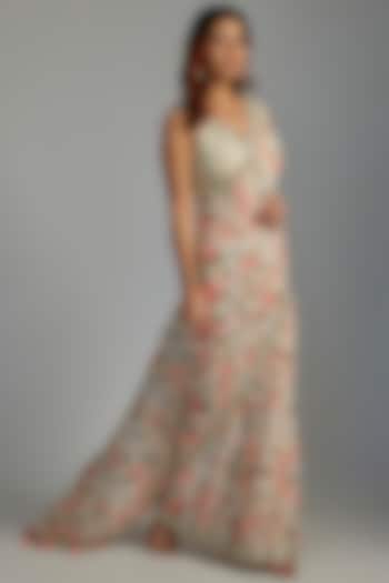 Beige Georgette Printed & Embroidered Wedding Saree Set by Summer by Priyanka Gupta at Pernia's Pop Up Shop