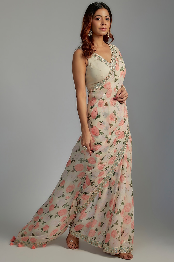 Beige Georgette Printed & Embroidered Wedding Saree Set by Summer by Priyanka Gupta at Pernia's Pop Up Shop