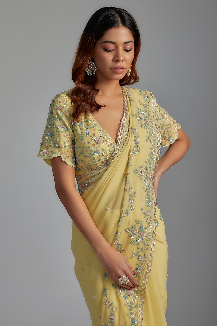 Yellow Georgette Embroidered Wedding Saree Set by Summer by Priyanka Gupta at Pernia's Pop Up Shop