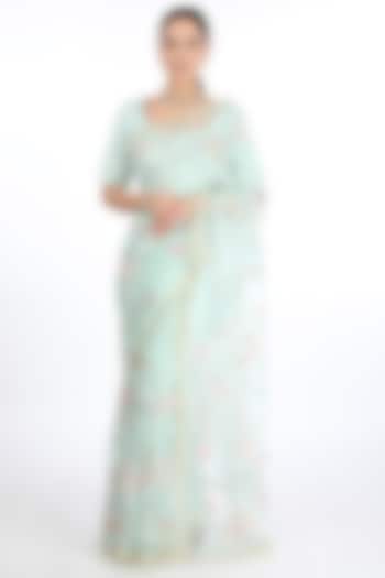 Teal Sequins Embroidered Wedding Saree Set by Summer by Priyanka Gupta at Pernia's Pop Up Shop