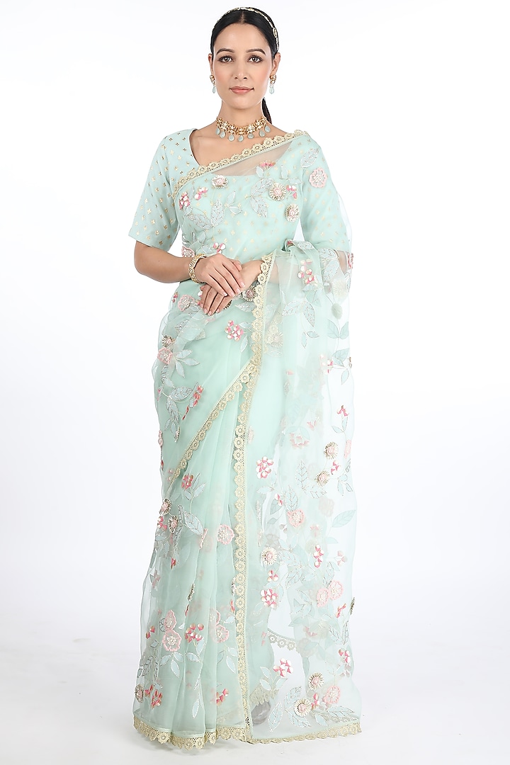 Teal Sequins Embroidered Wedding Saree Set by Summer by Priyanka Gupta at Pernia's Pop Up Shop