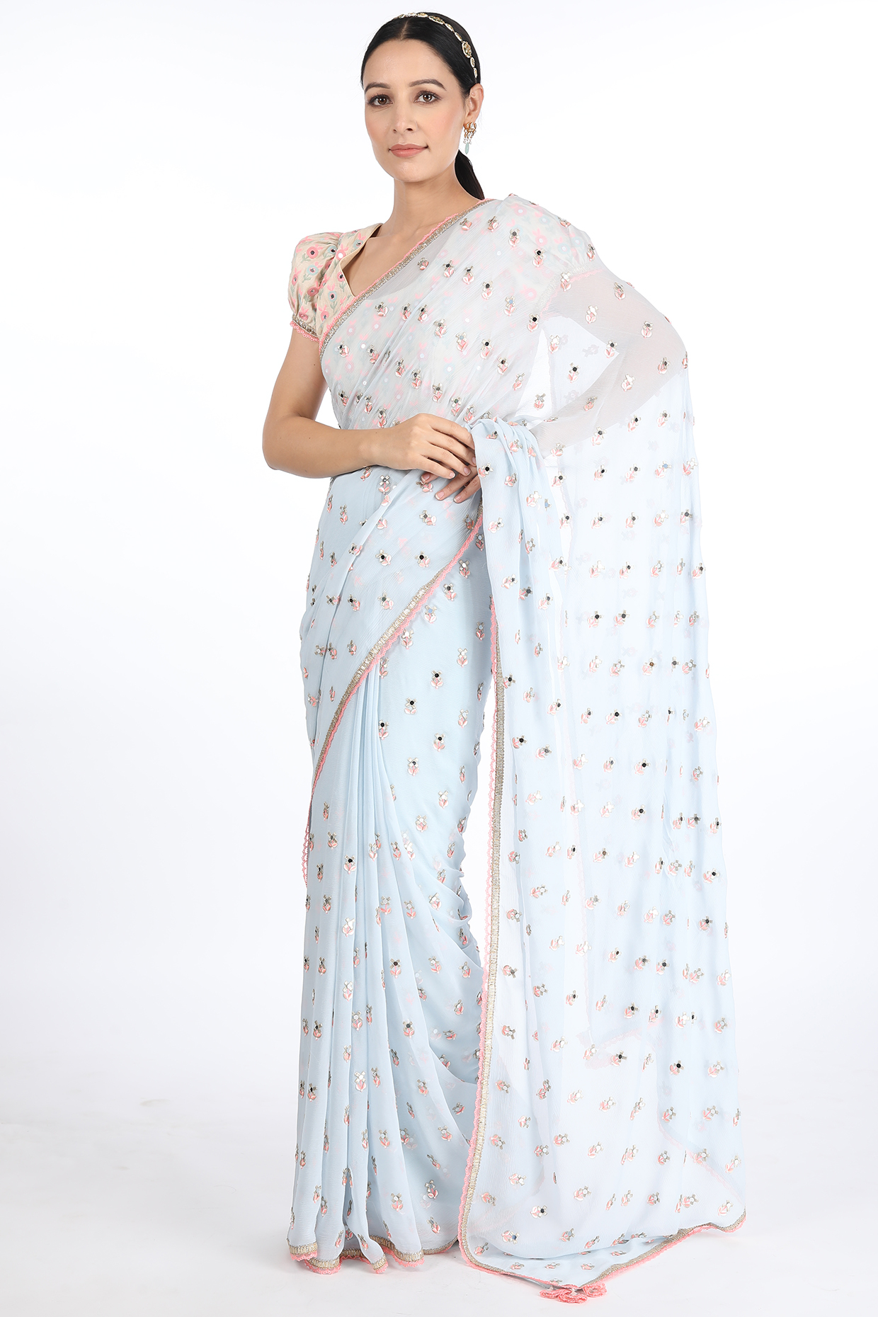 Light Blue Chiffon Wedding Saree Set by Summer by Priyanka Gupta at Pernia's Pop Up Shop