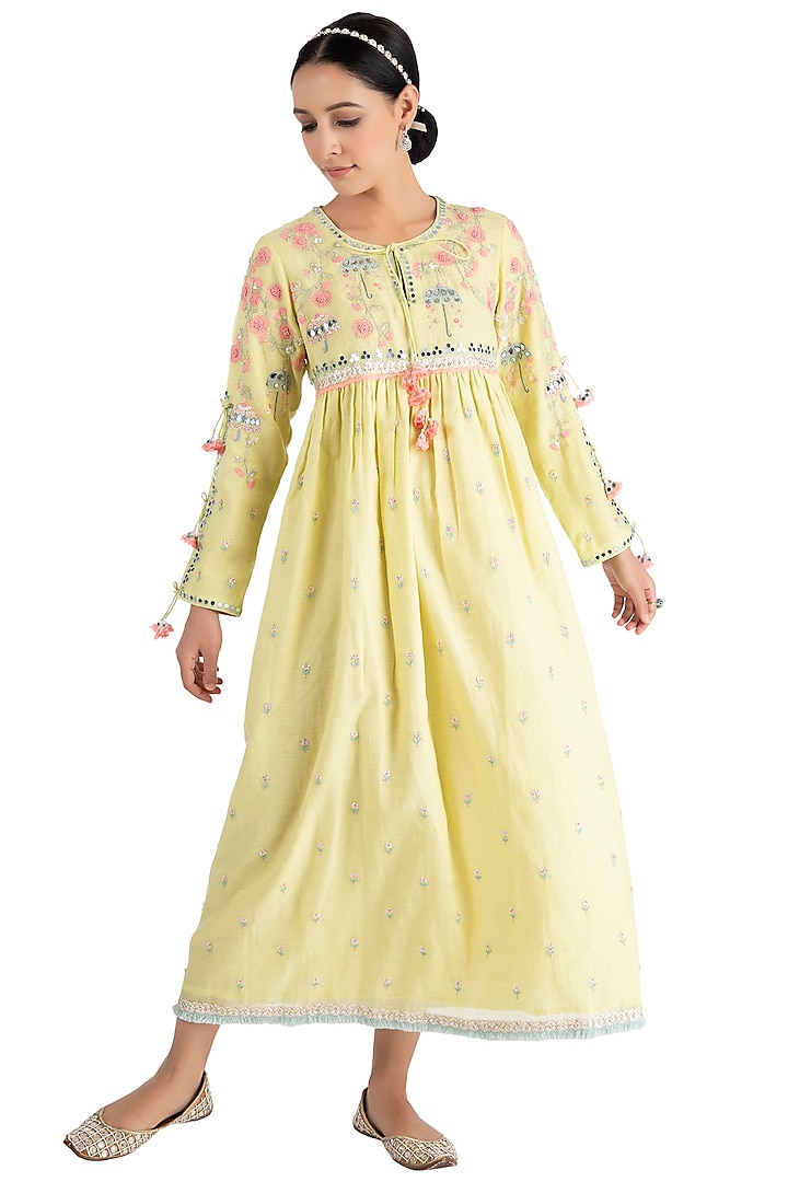Lime Yellow Silk Mulmul Dress by Summer by Priyanka Gupta