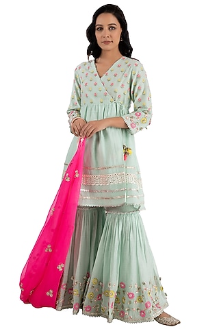 Teal Handloom Chanderi Gharara Set by Summer by Priyanka Gupta