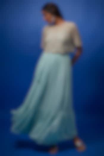 Blue Georgette Chandelier Dress With Embroidered Crop Top by Summer by Priyanka Gupta