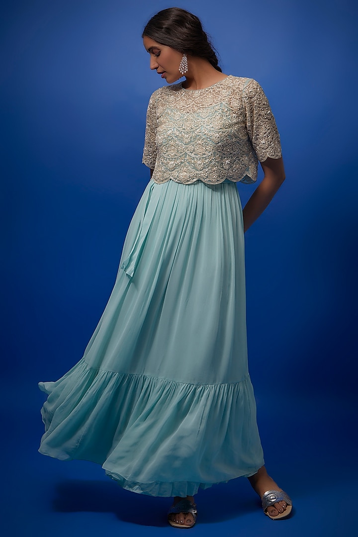 Blue Georgette Chandelier Dress With Embroidered Crop Top by Summer by Priyanka Gupta