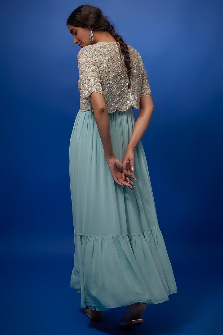 Blue Georgette Chandelier Cocktail Dress With Embroidered Crop Top by Summer by Priyanka Gupta at Pernia's Pop Up Shop