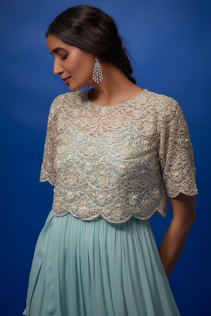 Blue Georgette Chandelier Cocktail Dress With Embroidered Crop Top by Summer by Priyanka Gupta at Pernia's Pop Up Shop