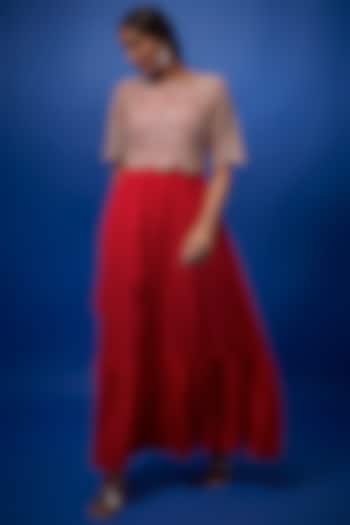 Red Georgette Chandelier Dress With Embroidered Crop Top by Summer by Priyanka Gupta