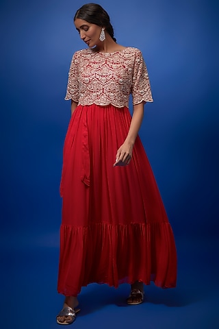 Red Georgette Chandelier Dress With Embroidered Crop Top by Summer by Priyanka Gupta