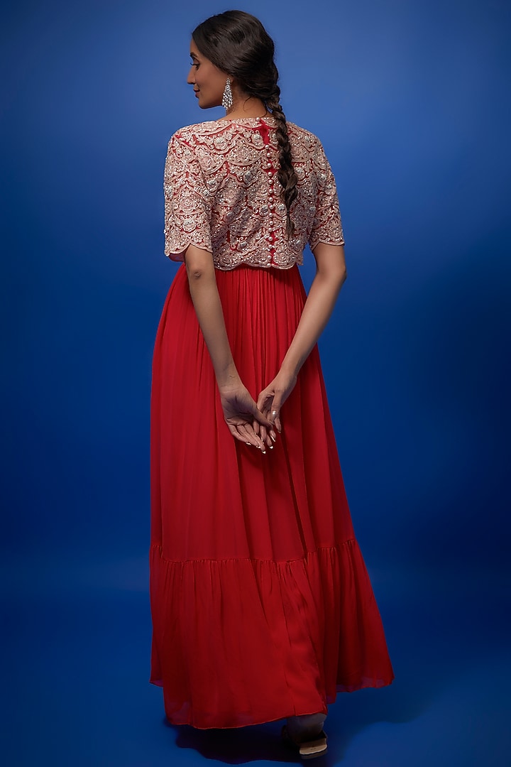 Red Georgette Chandelier Cocktail Dress With Embroidered Crop Top by Summer by Priyanka Gupta at Pernia's Pop Up Shop
