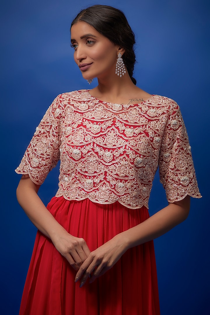 Red Georgette Chandelier Cocktail Dress With Embroidered Crop Top by Summer by Priyanka Gupta at Pernia's Pop Up Shop