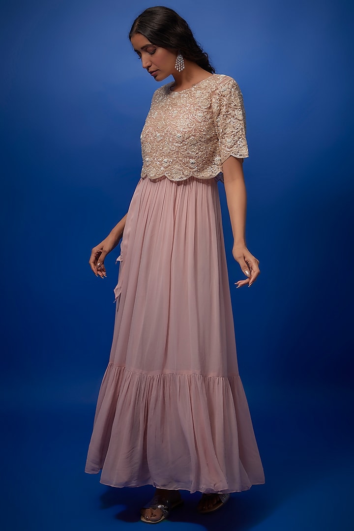 Pink Georgette Chandelier Dress With Embroidered Crop Top by Summer by Priyanka Gupta